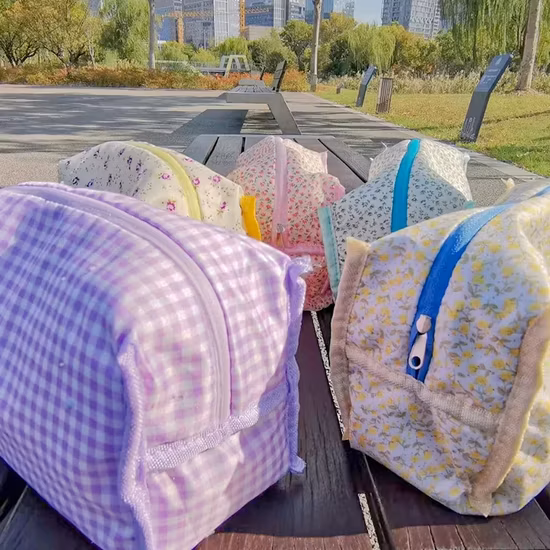 in Stock Blue Makeup Pouch Cotton Quilted Small Make up Terry Towel Cloth Cosmetic Bag with Zipper