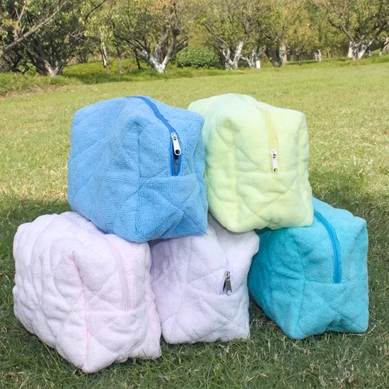 in Stock Blue Makeup Pouch Cotton Quilted Small Make up Terry Towel Cloth Cosmetic Bag with Zipper