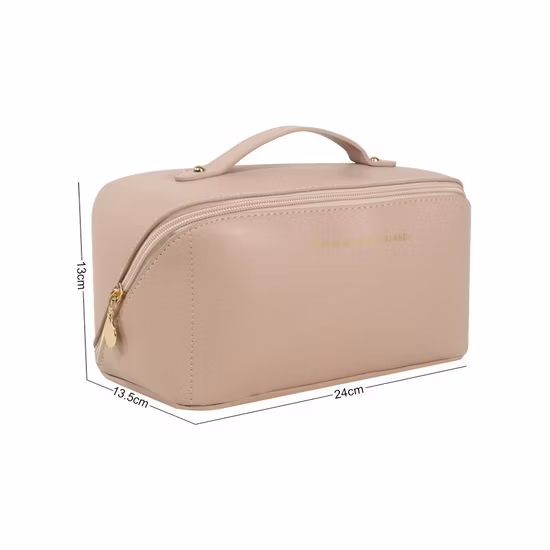 Large Capacity Travel Cosmetic Bag, Portable Makeup Bag Opens Flat for Waterproof PU Leather Multifunctional Storage Makeup Bag for Woman