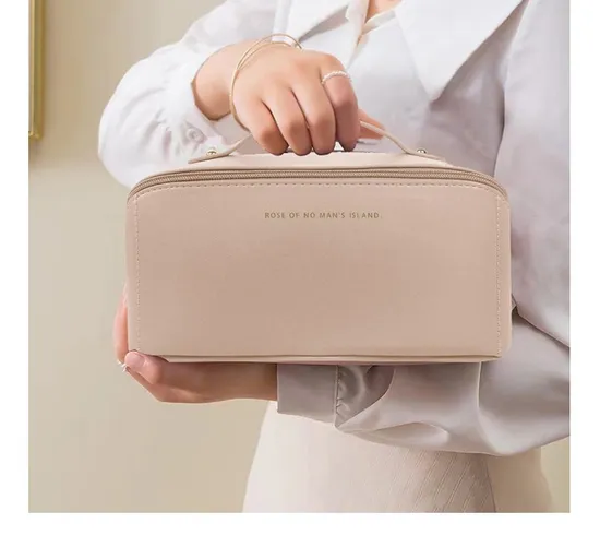 Large Capacity Travel Cosmetic Bag, Portable Makeup Bag Opens Flat for Waterproof PU Leather Multifunctional Storage Makeup Bag for Woman